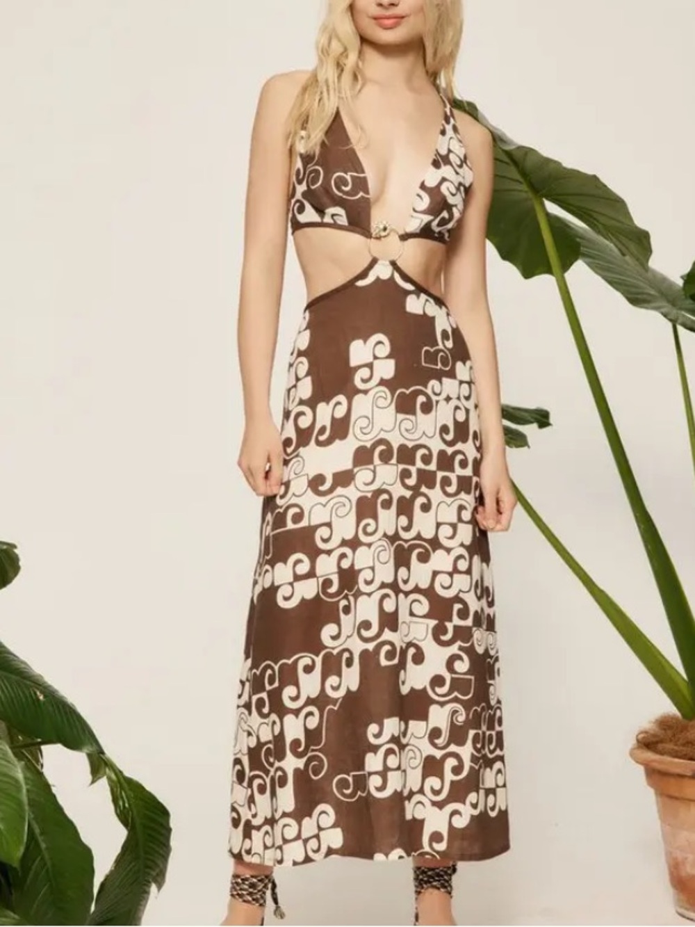 Alemais Maurice Cutout Linen Midi Dress - Brown & Cream